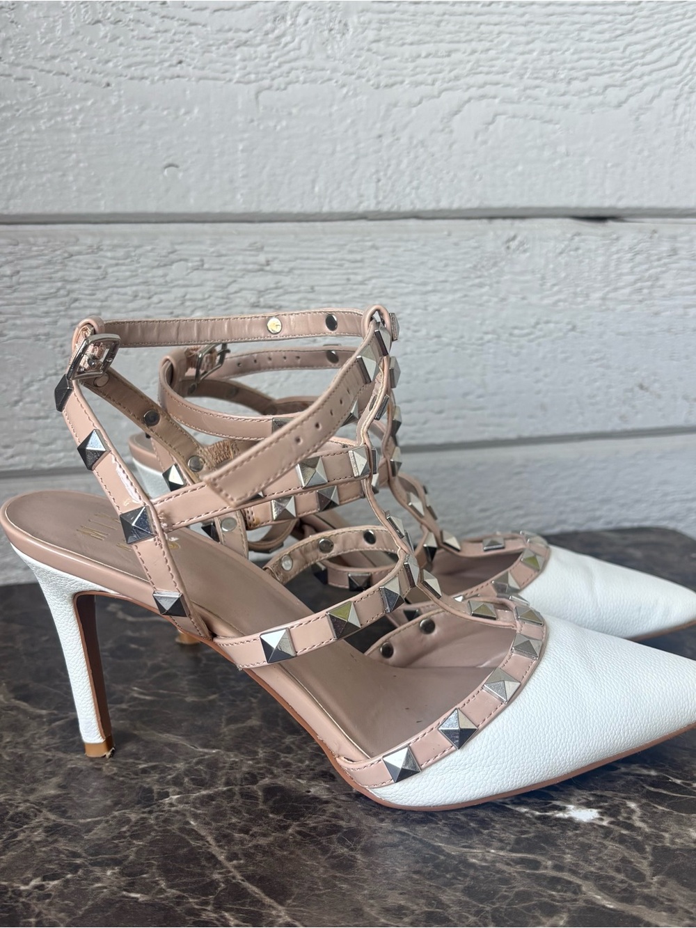 Mix No. 6 White and Nude Studded Strappy Pointed-Toe Heels